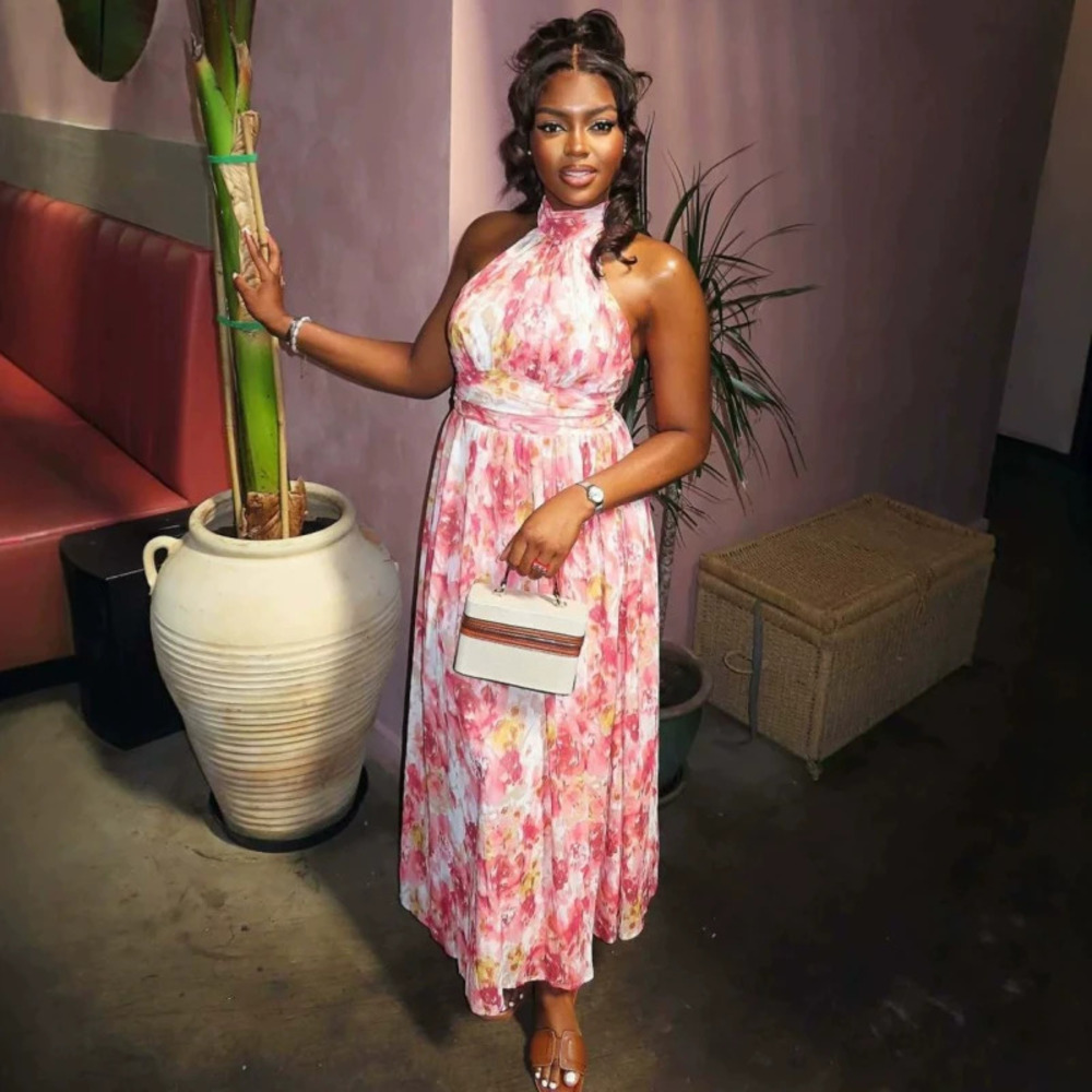 African Print Sleeveless Halter Neck Bodycon Maxi Dress Summer